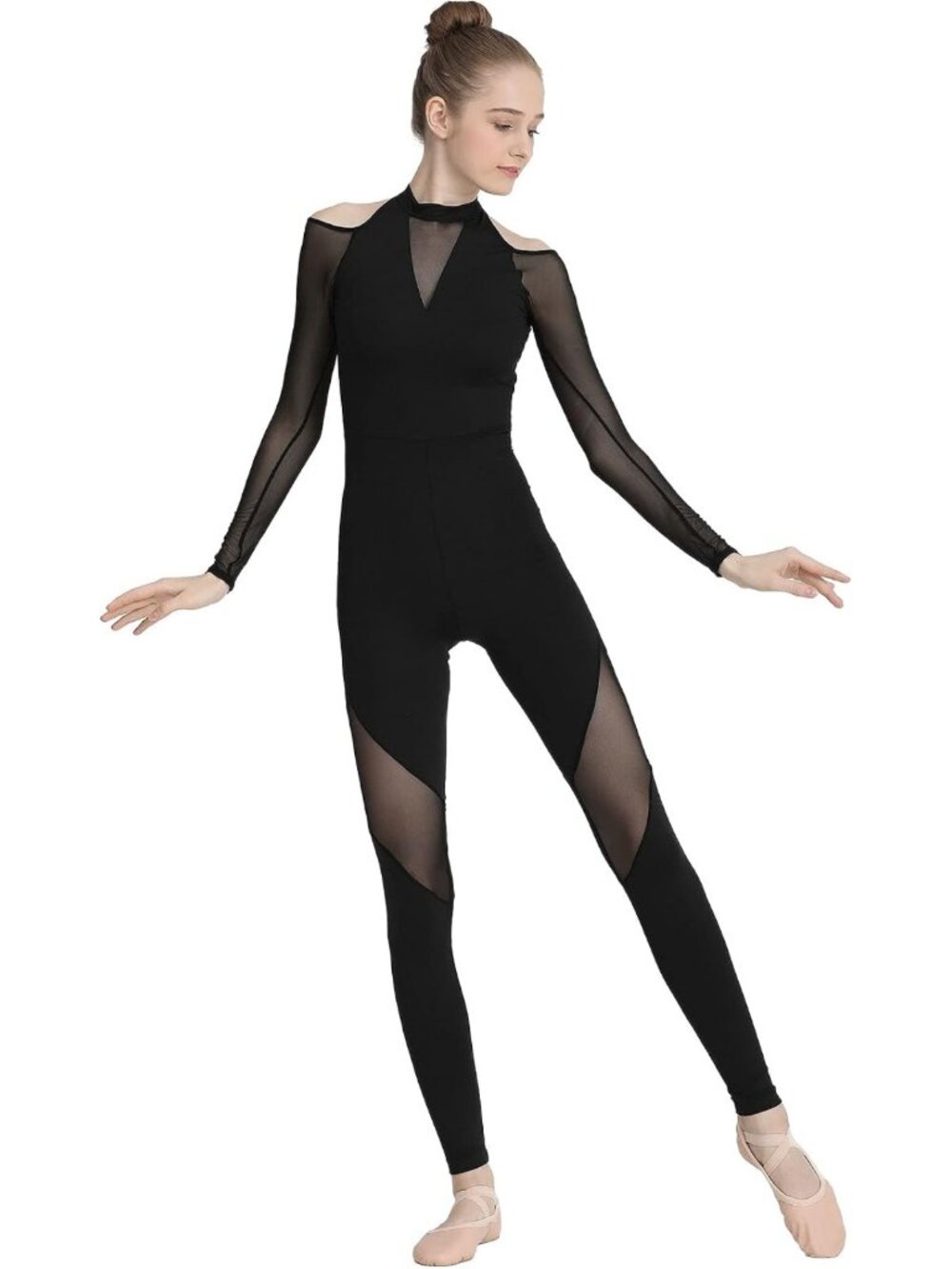 Dynamic Black Long Sleeve Dance Unitard for Women | Full Body Suit, Performance